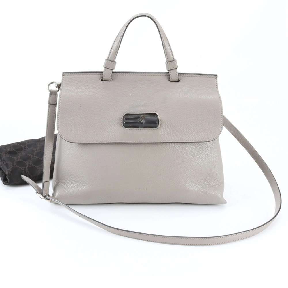 GUCCI Gray Leather Bamboo Shoulder Bag - Picture 1 of 8